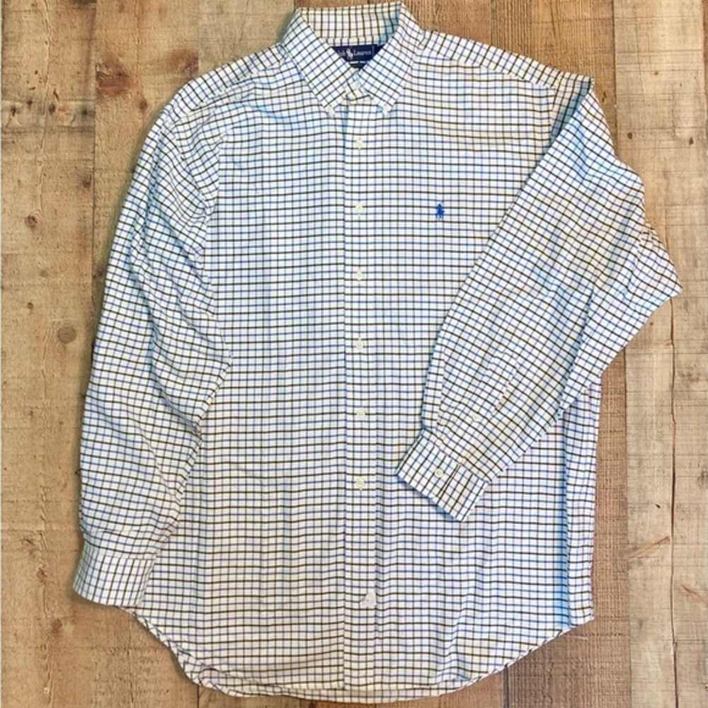 Ralph Lauren‎ Mens Large Blue Black White Tattersall Check Button Down Shirt